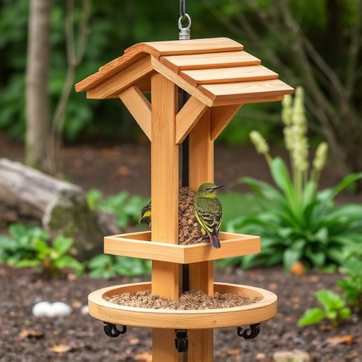 Ground-level feeder with wooden rain canopy