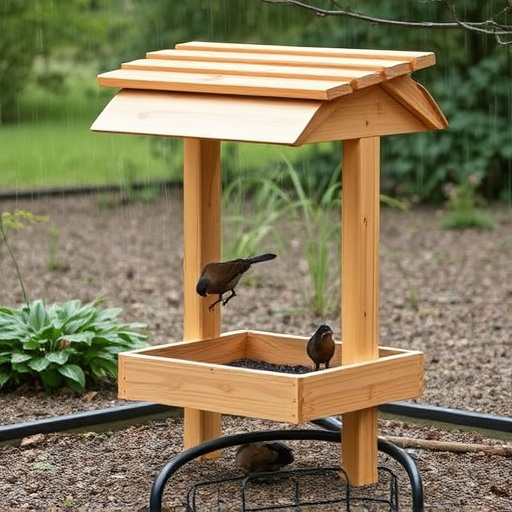 Ground-level feeder with wooden rain canopy
