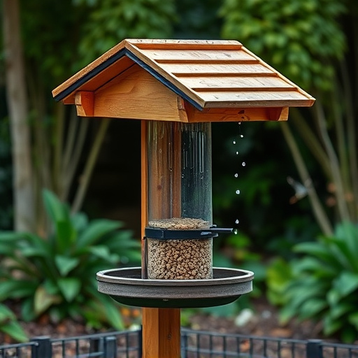 Ground-level feeder with wooden rain canopy
