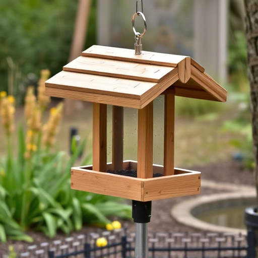 Ground-level feeder with wooden rain canopy