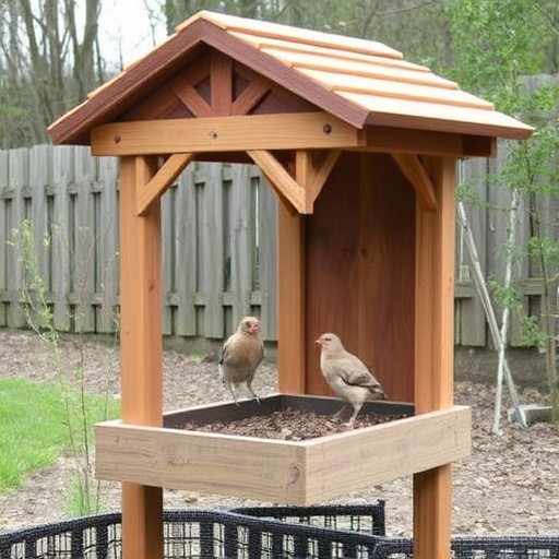 Ground-level feeder with wooden rain canopy
