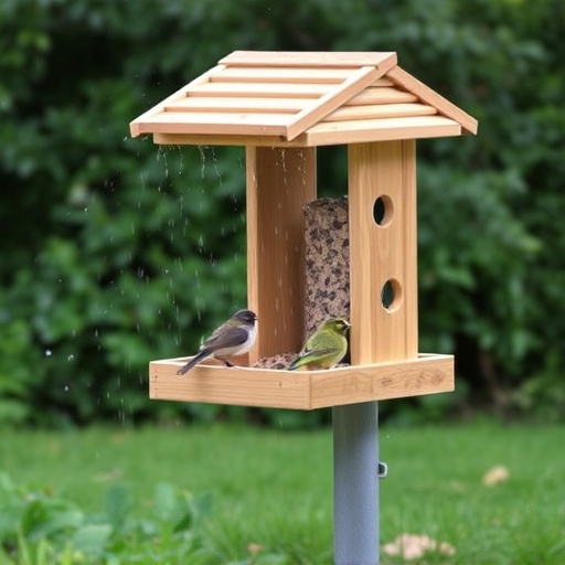 Ground-level feeder with wooden rain canopy