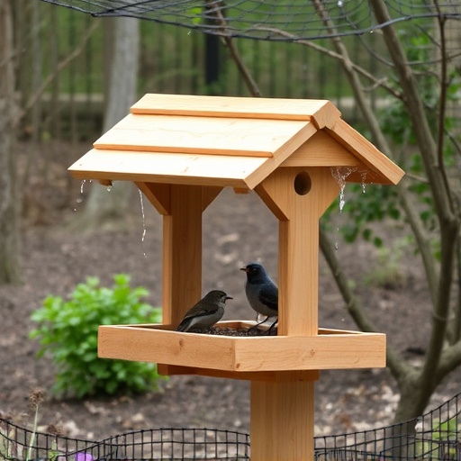 Ground-level feeder with wooden rain canopy