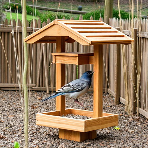 Ground-level feeder with wooden rain canopy