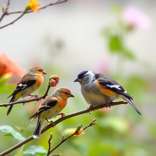 Group of finches feeding in garden