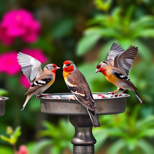 Group of finches feeding in garden