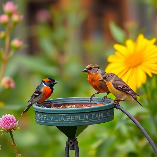 Group of finches feeding in garden