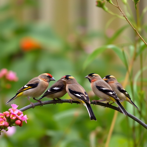 Group of finches feeding in garden