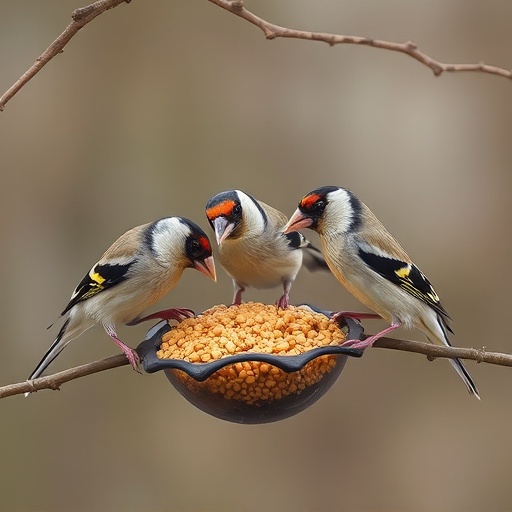 Group of finches feeding on nyjer seed