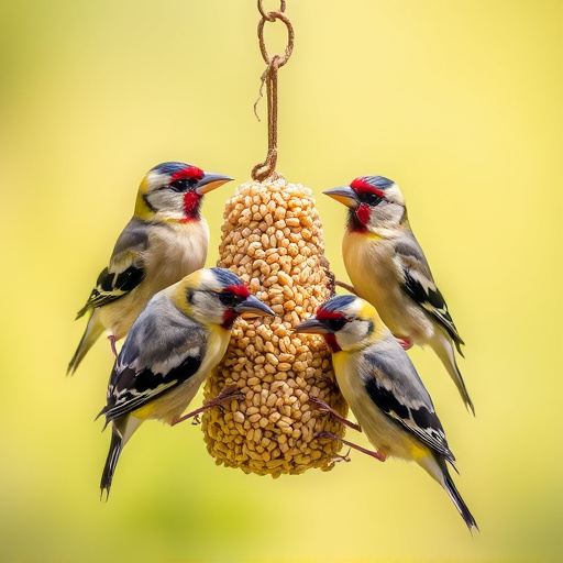 Group of finches feeding on nyjer seed