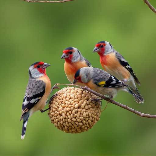 Group of finches feeding on nyjer seed