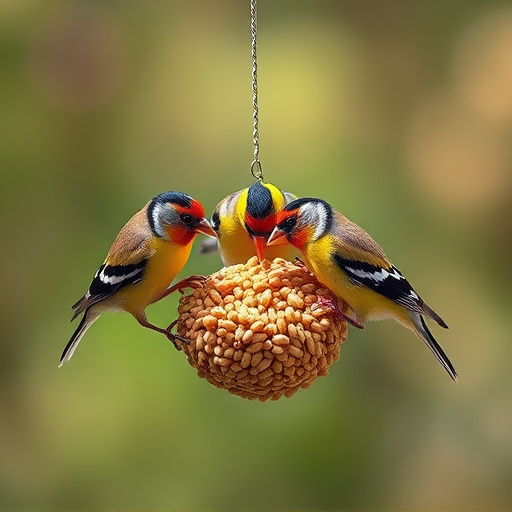 Group of finches feeding on nyjer seed