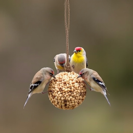Group of finches feeding on nyjer seed