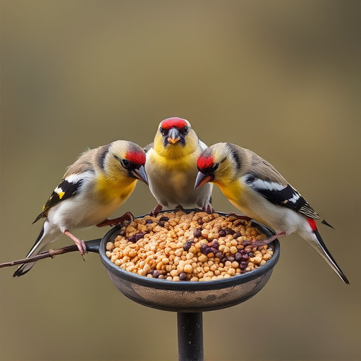 Group of finches feeding on nyjer seed