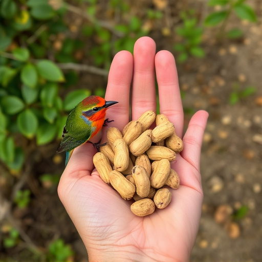 Hand holding fresh peanuts for birds