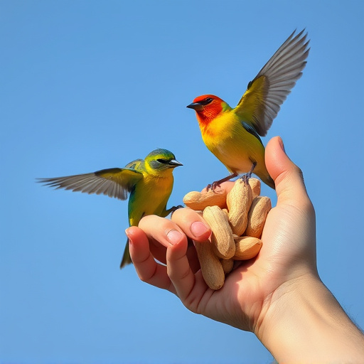 Hand holding fresh peanuts for birds