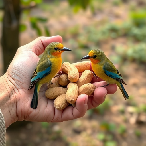 Hand holding fresh peanuts for birds