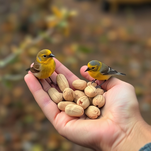 Hand holding fresh peanuts for birds