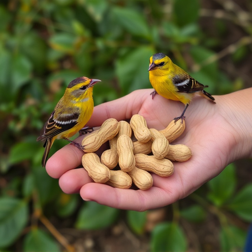 Hand holding fresh peanuts for birds