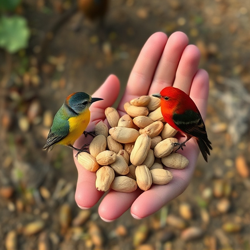 Hand holding fresh peanuts for birds