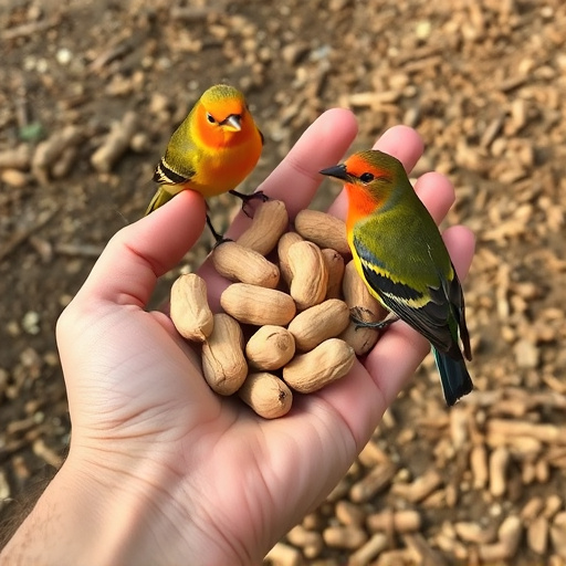 Hand holding fresh peanuts for birds