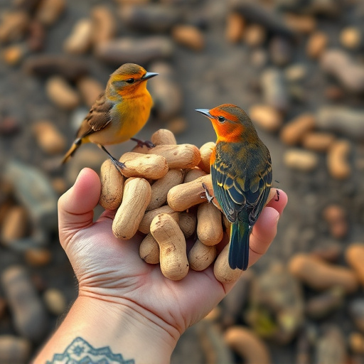 Hand holding fresh peanuts for birds