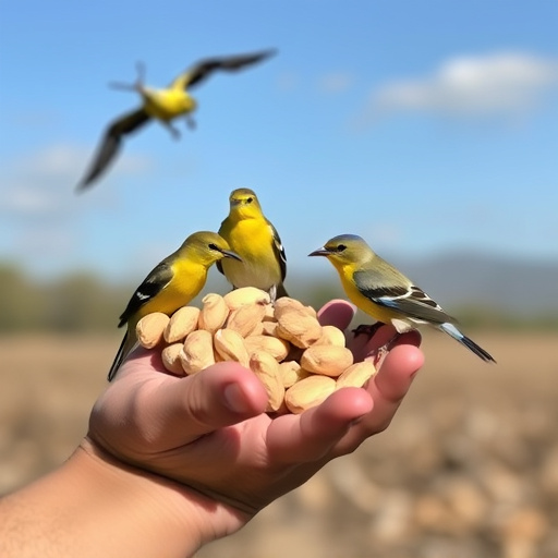 Hand holding fresh peanuts for birds