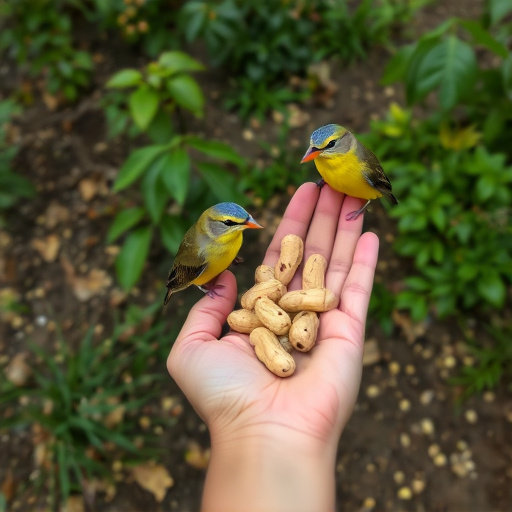Hand holding fresh peanuts for birds