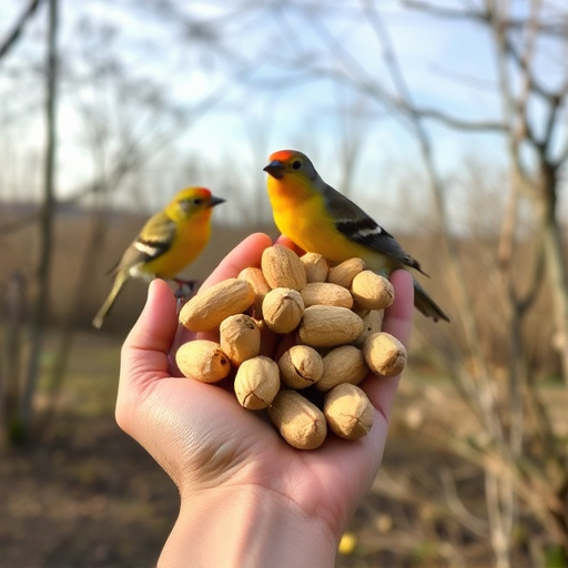 Hand holding fresh peanuts for birds