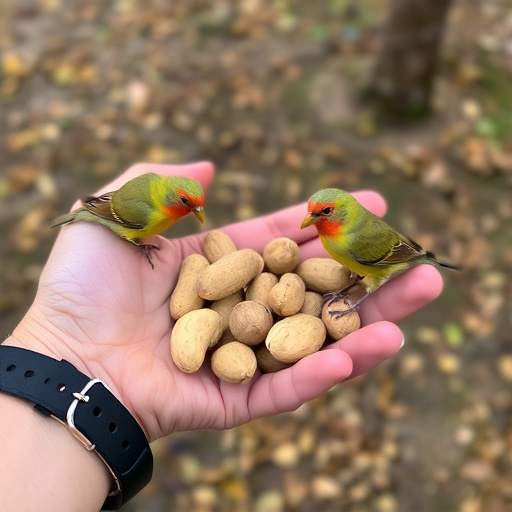 Hand holding fresh peanuts for birds