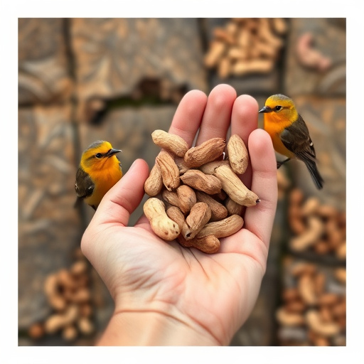 Hand holding fresh peanuts for birds
