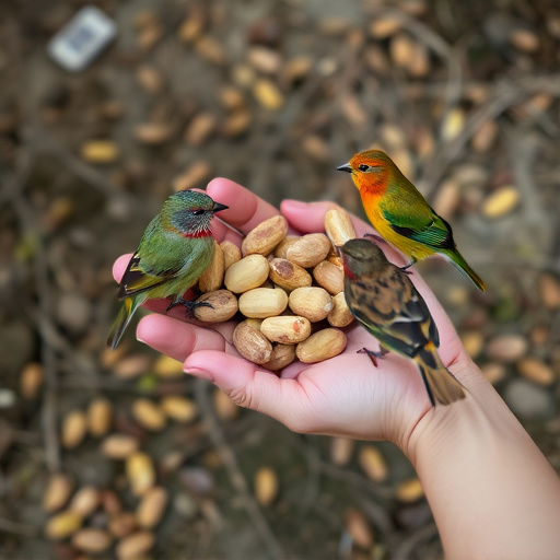 Hand holding fresh peanuts for birds