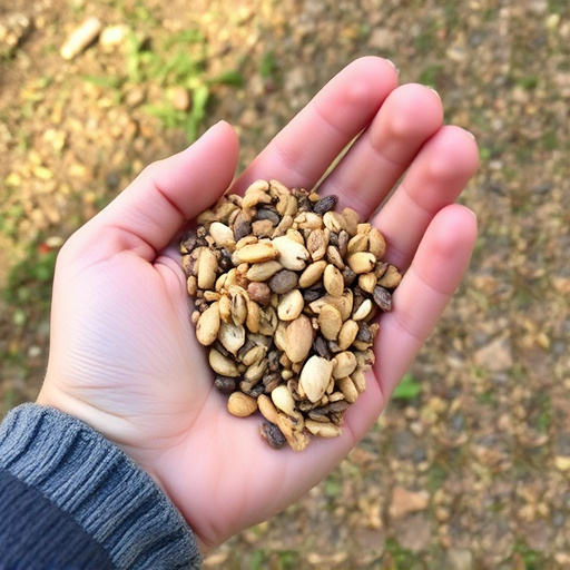 Hand holding handful of bird seed mix