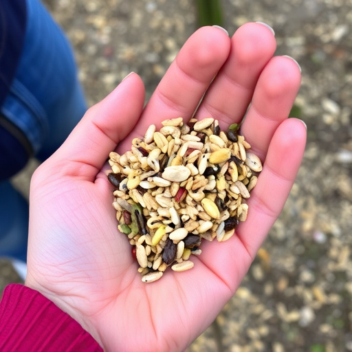 Hand holding handful of bird seed mix