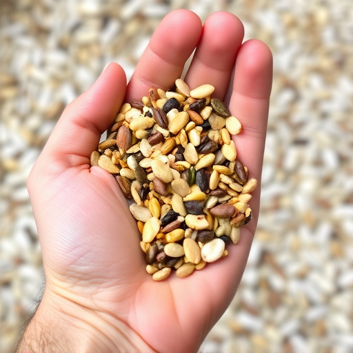 Hand holding handful of bird seed mix