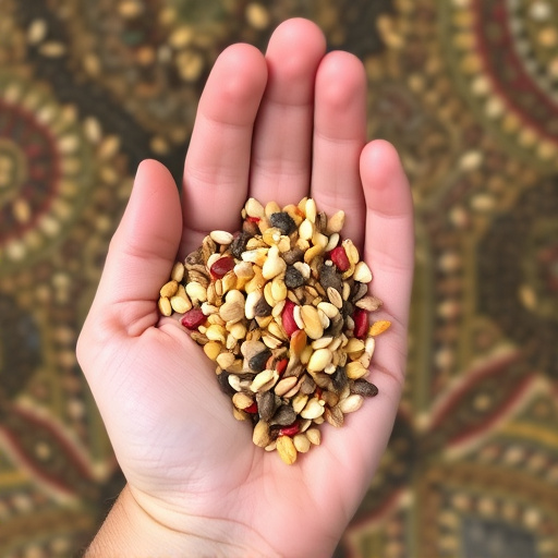 Hand holding handful of bird seed mix