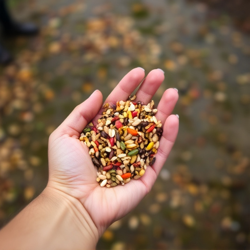 Hand holding handful of bird seed mix