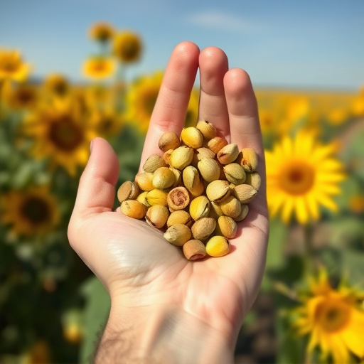 Hand holding handful of sunflower hearts