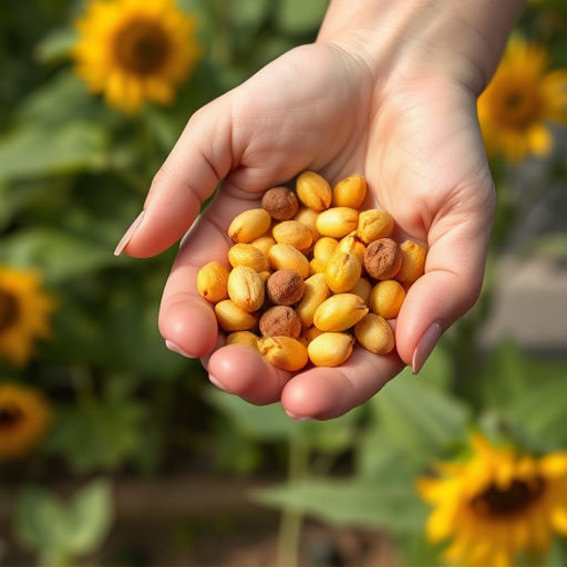 Hand holding handful of sunflower hearts