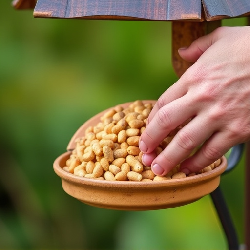 Hand placing suet pellets in feeder