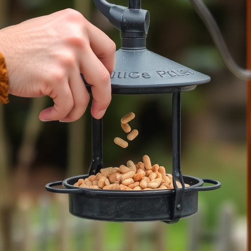 Hand placing suet pellets in feeder