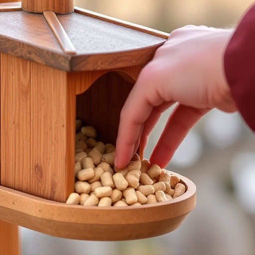 Hand placing suet pellets in feeder