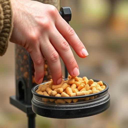 Hand placing suet pellets in feeder