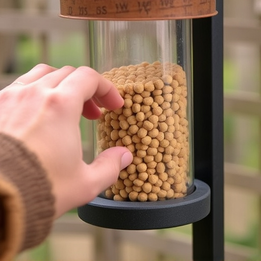 Hand placing suet pellets in feeder