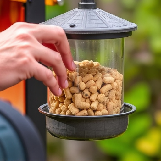 Hand placing suet pellets in feeder