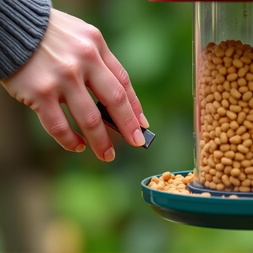 Hand placing suet pellets in feeder