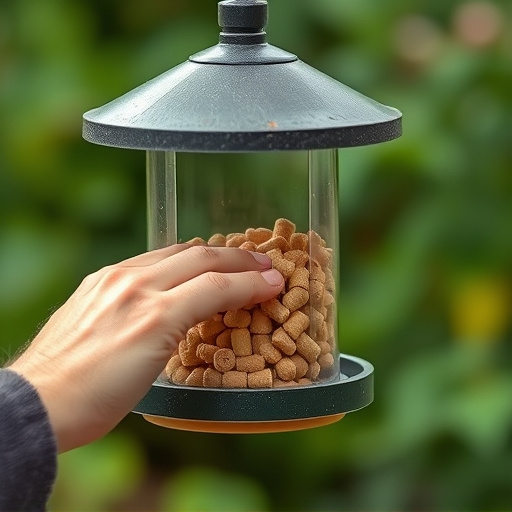Hand placing suet pellets in feeder
