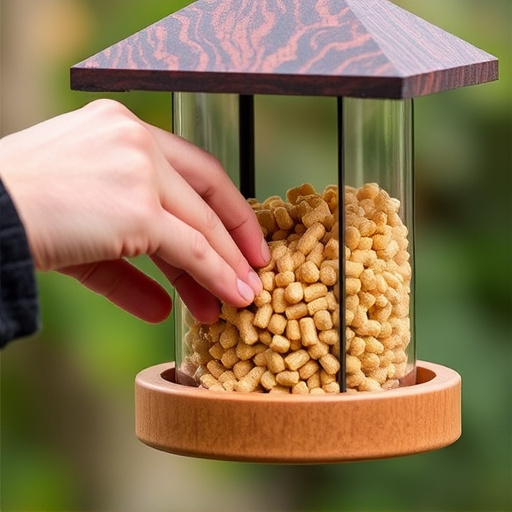 Hand placing suet pellets in feeder