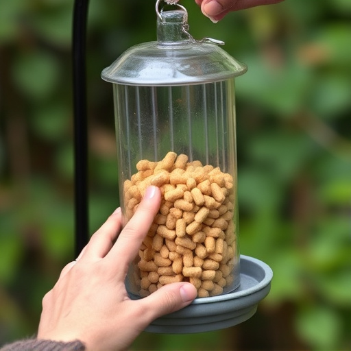 Hand placing suet pellets in feeder