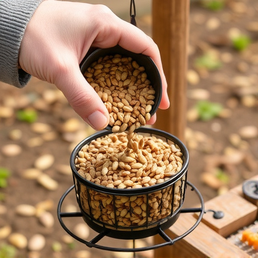 Hand pouring no-mess seeds into feeder